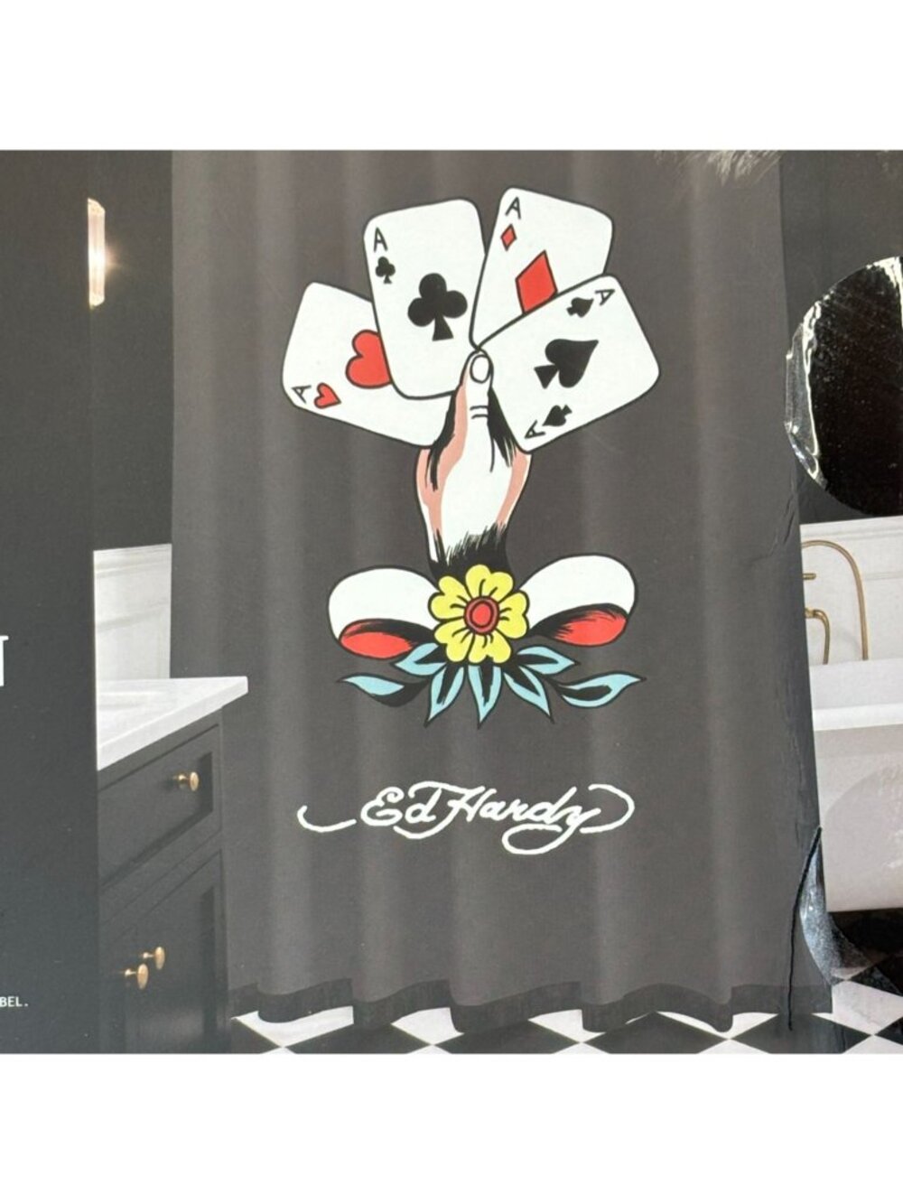 Ed Hardy Shower Curtain Black Ace of Spades Cards Tassel Fringe